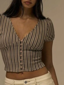 MUSERA V 领泡泡袖条纹纽扣修身上衣秋季可爱休闲干净女孩街头服饰节日乡村复古秋季秋季农舍