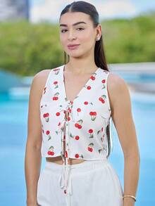 Andrea Bello 樱桃印花系带休闲度假女式衬衫 - 白色 - 查看 5