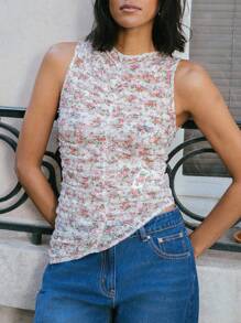SHEIN Unity Floral Pring Lace Ruched Sleeveless Summer Top With Asymmetric Hem Cute Summer Top Back To School Top - Multicolor - View 5
