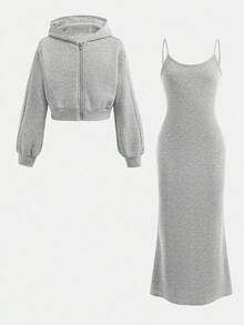 SHEIN 青少年女孩落肩拉链连帽衫和吊带连衣裙返校装，休闲装 - 灰色 - 查看 11