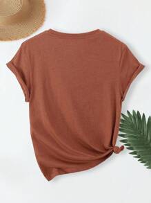 INAWLY 女式简约印花圆领短袖T恤 - 鏽棕色 - 查看 2