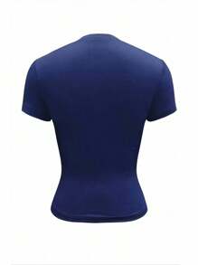 SHEIN EZwear Women Navy Solid Button Front Short Sleeve Casual Cropped T-Shirt