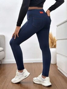 SHEIN Tween Girl 休闲补丁细节明线海军蓝针织宽腰紧身裤，适合春、夏、秋、冬 - 藏蓝色 - 查看 1