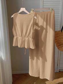 Comfortcana Knitted Sleeveless Lace-Up Camisole And Pants Set In Khaki For Relaxed Everyday Style Comfortable Two Piece Set - Khaki - View 2