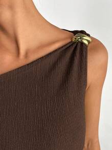 SHEIN EZwear 夏季针织提花金属扣装饰不对称肩长连衣裙 - 棕色 - 查看 6