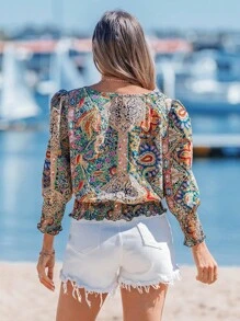 Sylviya 女士圆领泡泡袖荷叶边休闲通勤衬衫 - 彩色 - 查看 2