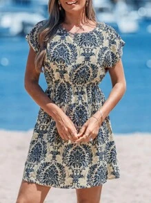 Sylviya Summer Women Printed Round Neck Elastic Waist Dress For Music Festival Outfits