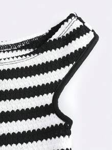 SHEIN Tween Girl Casual Asymmetric Textured Black & White Striped Cropped Off-Shoulder T-Shirt And Pants 2 Pieces Set Two Piece Set Striped Two Piece Set Two Piece Pantsuit