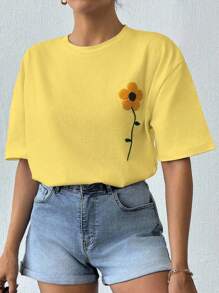 EURMUSE 100%Cotton Summer Flower Flocking White T-Shirt - Yellow - View 7