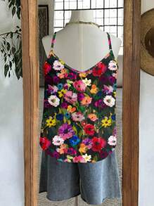 EMERY ROSE 加大码 V 领蕾丝拼布花卉印花吊带背心，优雅适合度假、约会、派对和时尚 - 彩色 - 查看 2