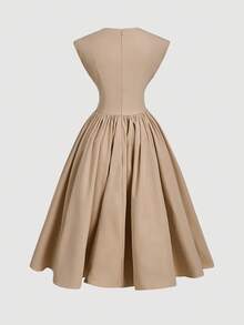 SHEIN MOD Váy xòe tay bồng xòe xẻ tà thanh lịch cỡ lớn, Đầm dự tiệc, Đầm dài đi làm duyên dáng cho mùa xuân/hè, Phong cách cung điện tối giản, Kỳ nghỉ thường ngày, Trang phục hàng ngày - Màu Khaki - Xem 2