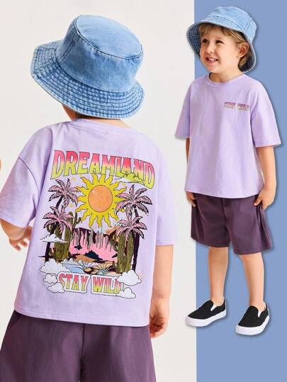 Leap Crew Leap Crew 男童休闲宽松圆领短袖落肩T恤和短裤套装