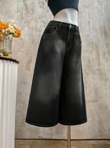 K-Vae 女式休闲宽松7/8宽腿牛仔裤，蓝色