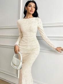 Veilorie 女式优雅简约纹理褶饰鱼尾下摆连衣裙 - 杏色 - 查看 6