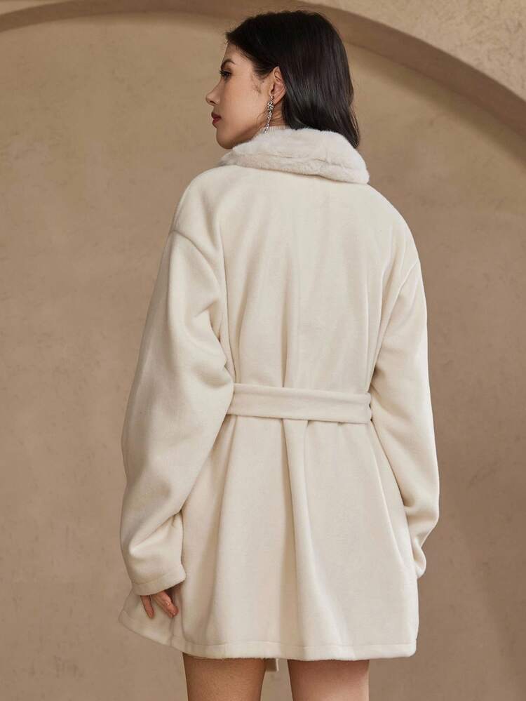 Autumn/Winter Thick Fleece Loose Business Casual Commute Elegant Office Wear Patchwork Long Coat With Waist Tie For Women Jacket Faux Fur Coat