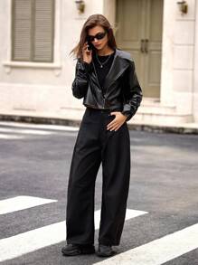 Hanevo 女式纯色 PU 皮革拉链休闲百搭夹克 - 黑色 - 查看 3