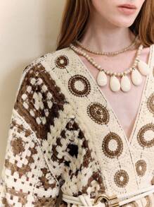 Revavyn 女士钩针几何图案落肩宽松针织开衫，女士度假装扮，女士沙滩装扮，女士外出上衣，女士夏威夷装扮，女士服装，女士邮轮装扮，沙滩装，女士度假装，女士和服秋季服装，女士秋季穿搭，秋季服装 - 咖啡棕 - 查看 2
