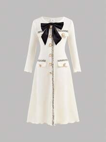 SHEIN Serisse Kids 年轻女孩优雅丝带拼布撞色蝴蝶结装饰长袖中长连衣裙，适合返校和活动 - 白色 - 查看 3