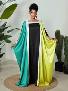 Maweii 大码女式拼色方领蝙蝠袖休闲连衣裙 - 彩色 - 查看 3