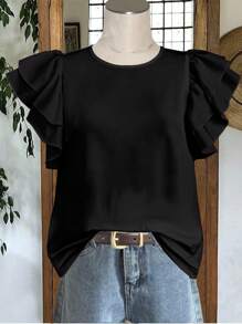 Mellowie 休闲简约风黑色圆领双层荷叶边袖女衬衫，百搭初秋 - 彩色 - 查看 8