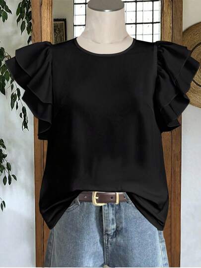 SHEIN LUNE 休闲简约风黑色圆领双层荷叶边袖女衬衫，百搭初秋
