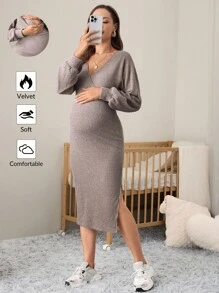 MaterniWear 女士孕妇纯色长袖针织开衩下摆中长款哺乳连衣裙，秋冬季，适合孕妇和教师 - 粉色 - 查看 1