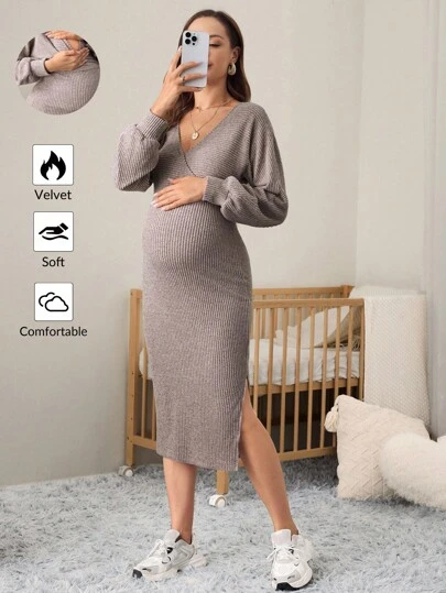 MaterniWear 女士孕妇纯色长袖针织开衩下摆中长款哺乳连衣裙，秋冬季，适合孕妇和教师