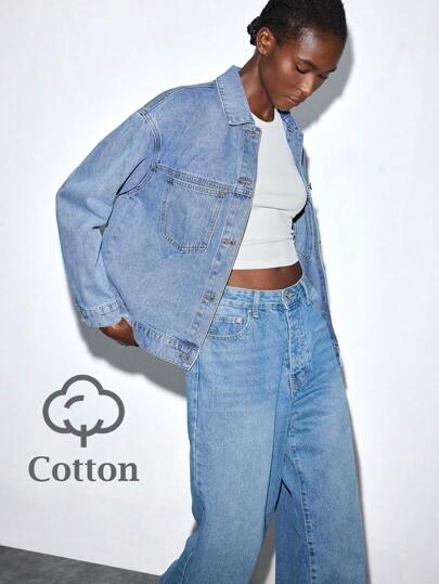 Maija 女式落肩长袖单排扣宽松休闲牛仔夹克