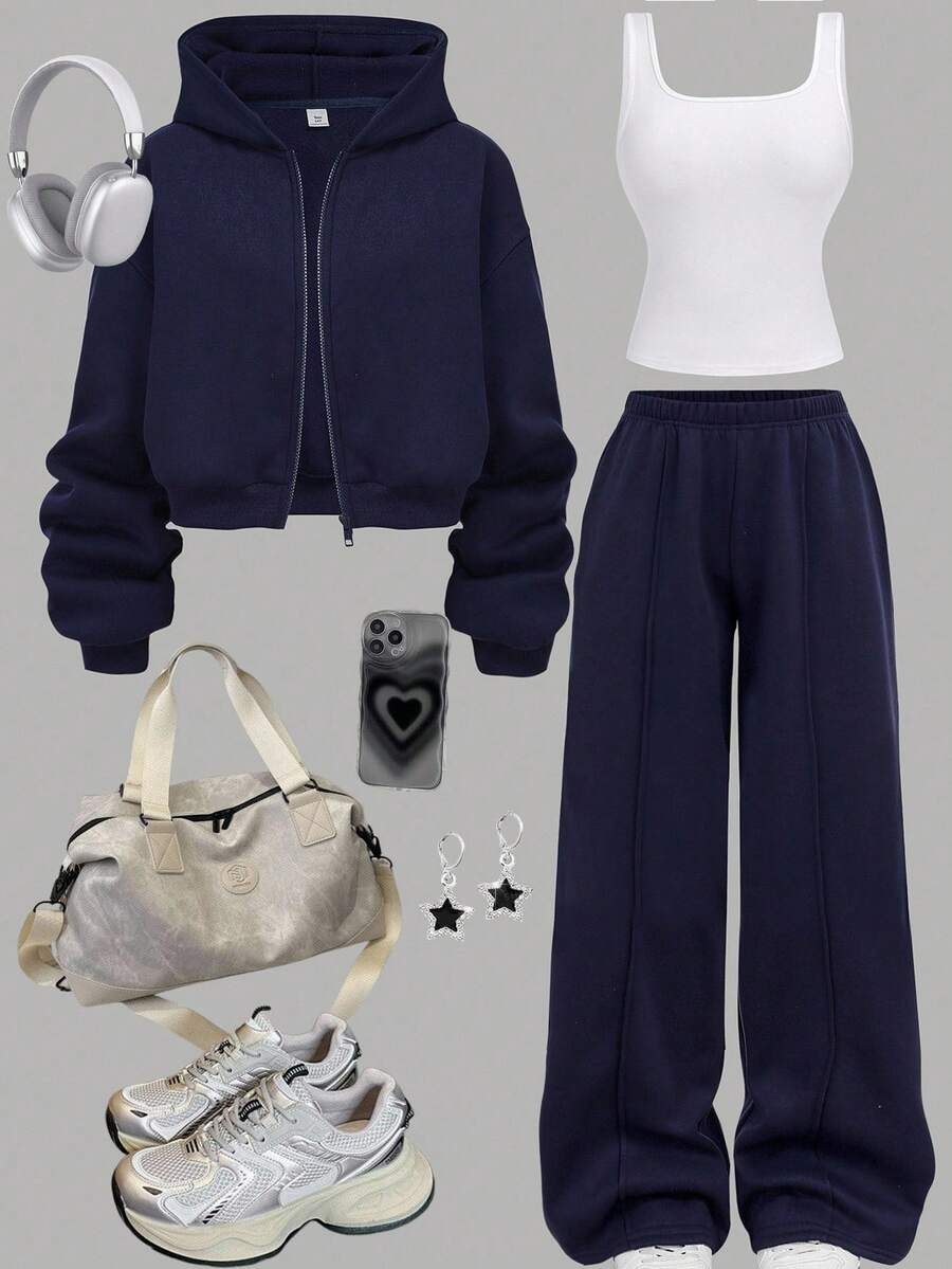 Girlism Teen Girls Hoodie & Sweatshirt Co-Ords/Halloween,Glowmode,Fall,Winter,Autumn/ Casual Knit/Activities/Autumn/Winter/Halloween,Glowmode,Fall,Christmas/Holiday/Festival/Winter - Navy Blue - View 1