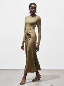 Lumivelle Robe midi moulante élégante à col rond fendue et froncée pour femmes, style Maillard, vêtements pour l'université - Tabac - Voir 5