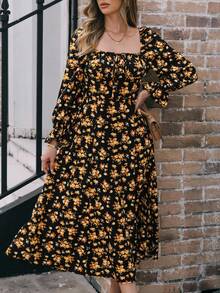 EMERY ROSE Vestido largo de mujer con estampado floral, cuello cuadrado, mangas con volantes y abertura en el muslo - Negro - Ver 5