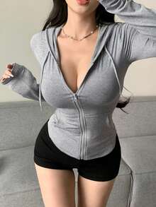 DAZY 带口袋抽绳连帽短款运动衫，女式长袖运动衫夹克 - 淺灰色 - 查看 1