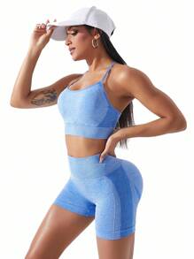 Easithlete Áo ngực thể thao co giãn cao liền mạch kèm quần short biker tập luyện cho nữ Bộ tập luyện cho nữ - Màu xanh lam - Xem 2