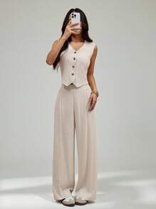 SHEIN PETITE 女士条纹西装两件套优雅通勤休闲 - 杏色 - 查看 1