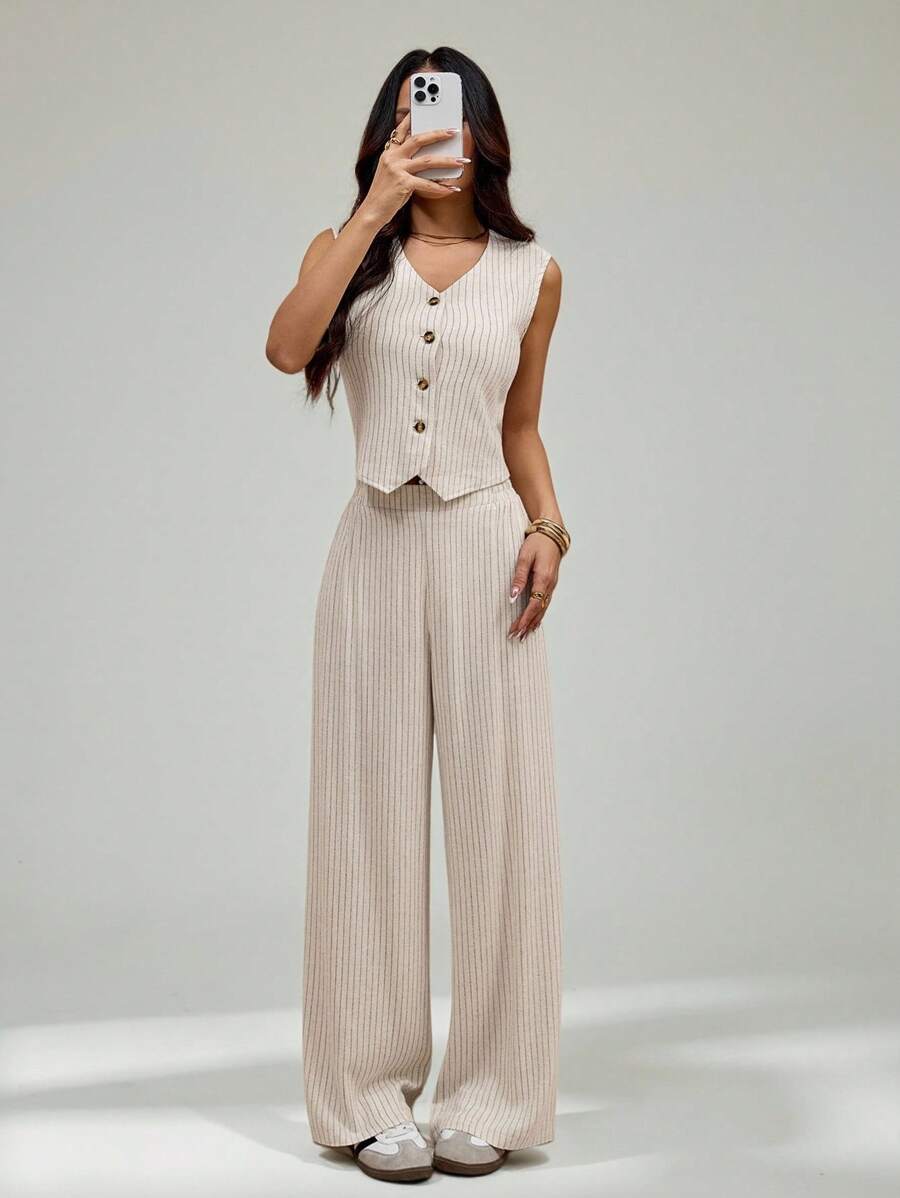 SHEIN PETITE 女士条纹西装两件套优雅通勤休闲 - 杏色 - 查看 1