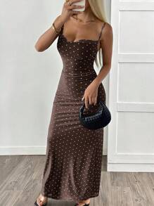 SHEIN EZwear Váy không tay chấm bi đen dành cho nữ - màu nâu - Xem 6