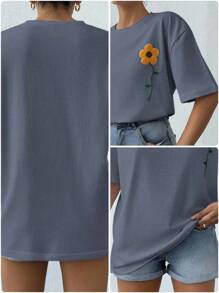 EURMUSE 100%Cotton Summer Flower Flocking White T-Shirt - Grey - View 8
