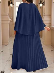 Fleurora 2025 New Plus Size Navy Blue Solid Color Pleated Dress, Fashionable Summer Women Church Dresses Festival Elegant Classy Fall Clothes For - Navy Blue - View 2