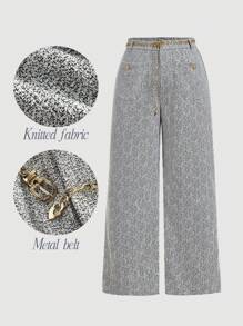 SHEIN MOD 加大码金属链带装饰优雅花卉粗花呢面料直筒休闲裤工作服女装阔腿裤女式阔腿裤阔腿裤粗花呢裤，优雅，女士工作服 - 黑與白 - 查看 1