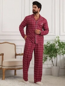 DAZY Men's Plaid Red Pattern Letter Embroidery Loungewear Set, Autumn Pajama - Red - View 3