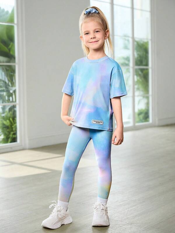 SHEIN Young Girls 2Pcs Outfit - Floral Print Short Sleeve Top & Skinny Pants Matching Sets, Stretchy, Soft And Comfortable Athletic Wear