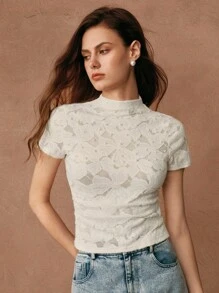 Anewsta Savoree Elegant Romantic 3D Floral Jacquard Stand Collar Fitted Short Sleeve Knit Tee With Pearl Decor