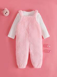 SHEIN 2pcs Baby Girls Casual Cute Round Neck Long Sleeve T-Shirt And Bib Overalls With Embroidery Plush Pants Set, Autumn/Winter - Multicolor - View 2
