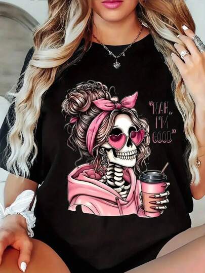 EMERY ROSE Camiseta casual de mujer - Manga corta, cuello redondo, camiseta de Halloween, camiseta estampada con diseño de chica calavera sosteniendo una bebida, top casual de verano, diseñada con el texto "Nah I'm Good" y una calavera