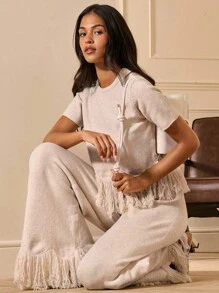 Lilora Nuevo suéter de punto casual de moda para mujer con bajo asimétrico y flecos