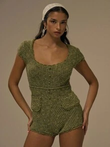 MUSERA 圆领针织修身纽扣连体裤，秋季可爱街头风，适合节日、农舍乡村、复古风等多种场合，也适合秋冬季、晚宴、新年、假日、春夏等季节穿着。 - 橄欖綠 - 查看 1