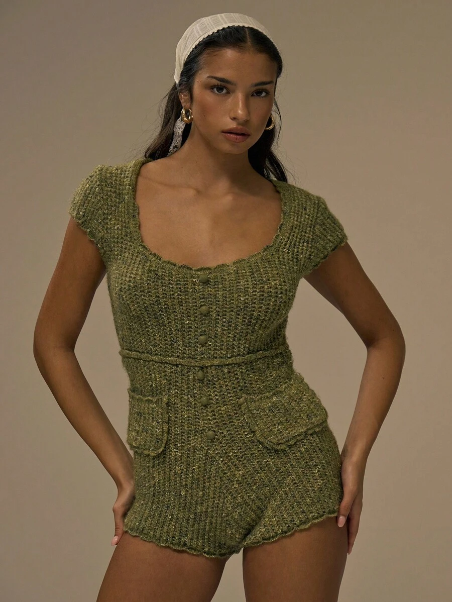 MUSERA 圆领针织修身纽扣连体裤，秋季可爱街头风，适合节日、农舍乡村、复古风等多种场合，也适合秋冬季、晚宴、新年、假日、春夏等季节穿着。 - 橄欖綠 - 查看 1