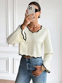 Serisse Women's French Casual Contrasting Color Trim V-Neck Long Sleeves Casual Versatile Knitted Top Fall Tops Flare Sleeve Cropped Sweater ,Knitted Sweater ,Suitable For Daily Commuting. Autumn Layering, Autumn And Winter New Arrivals,For Everyday Wear And Layering Back To School, Fall Women ,Cute Tops,Going Out Tops Women,Old Money Women ,Business Casual Women,All-Season,Christmas Sweater,Thanksgiving For Women , Winter Casual - Multicolor - View 6