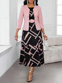 SHEIN Lady 女士优雅通勤纯色夹克和几何印花无袖连衣裙两件套 - 彩色 - 查看 4