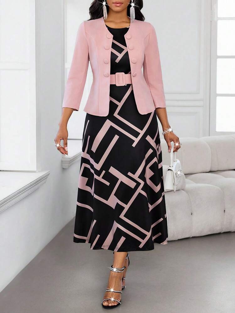 SHEIN Lady Conjunto de 2 Peças Jaqueta Sólida Elegante para Uso Diário e Vestido Regata com Estampa Geométrica para Mulheres - Multicolorido - Visão 4